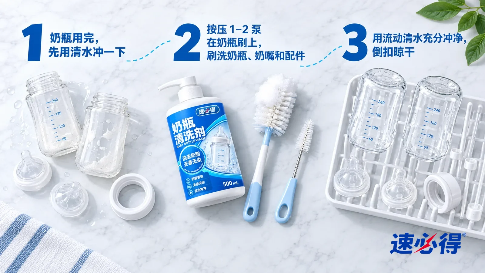 示意图:速必得奶瓶清洗剂——① 两只刚用完、内壁带一点乳白奶膜的透明奶瓶和拆下的硅胶奶嘴、瓶盖;② 一把刷毛上带着一小团细密白色泡沫的奶瓶刷