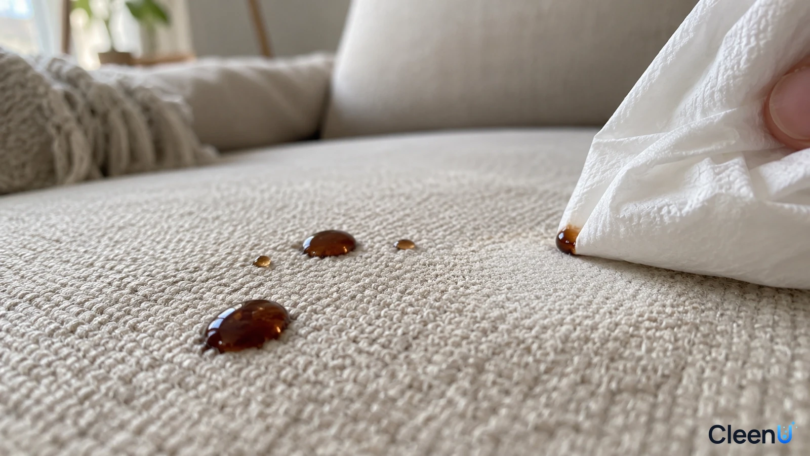 Illustration: Brown liquid beads on light sofa fabric with a white tissue touching one drop.