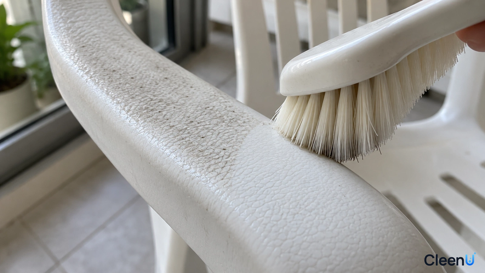 Illustration: Close-up of a brush scrubbing a textured white plastic chair armrest.