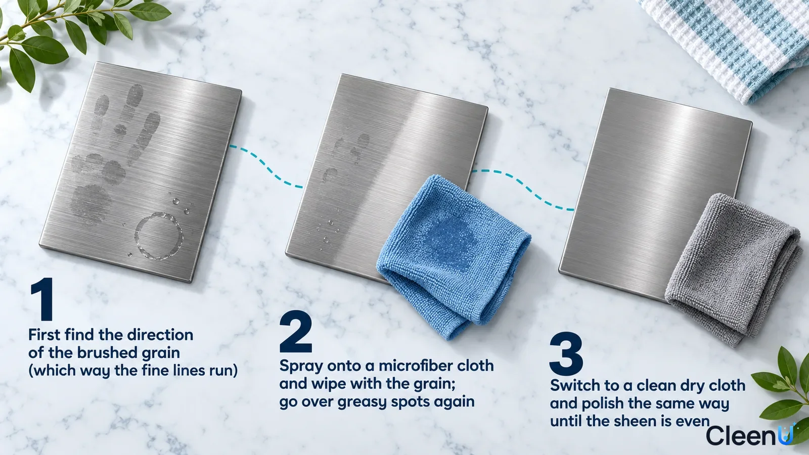 Illustration: Curved stainless steel samples with fingerprints and blue and gray cloths with numbered steps.