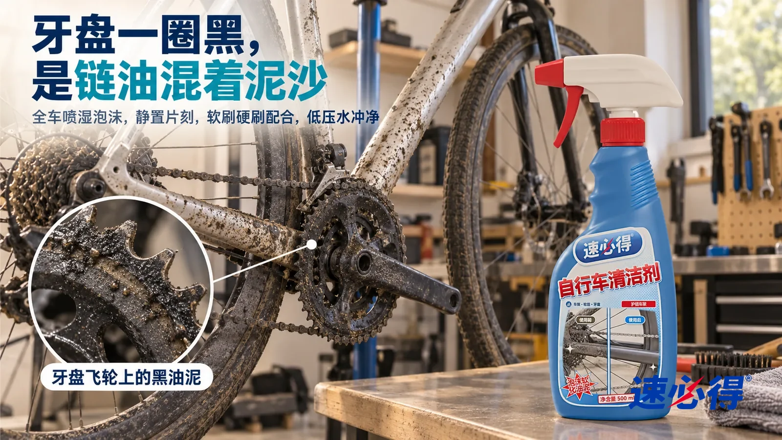 示意图:速必得自行车清洁剂——一个家常的车库,一辆铝合金公路车(没有品牌标志)架在修车架上,窗光侧照下下管和后叉溅满干了的泥点,标题“牙盘一圈黑,是链油混着泥沙”