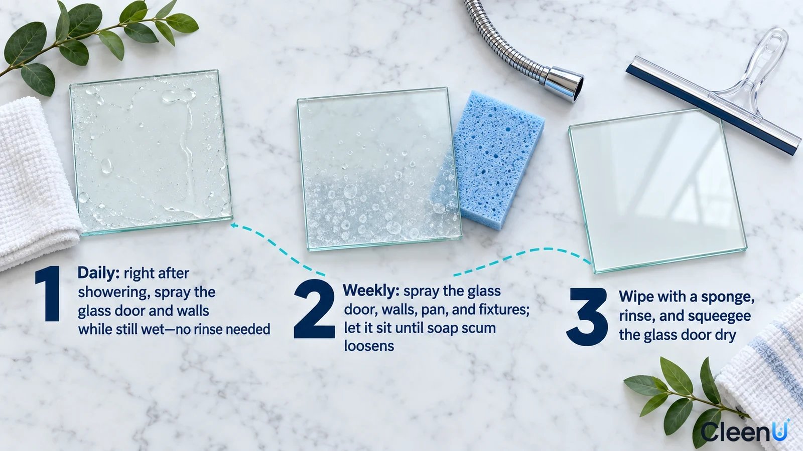 Illustration: Spotted glass samples, blue sponge, squeegee and towel with numbered steps.