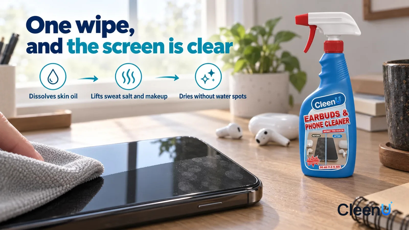 Illustration: CleenU Earbuds & Phone Cleaner — a light grey microfiber cloth has just made one pass, the wiped strip glossy and clear with a smooth window reflection