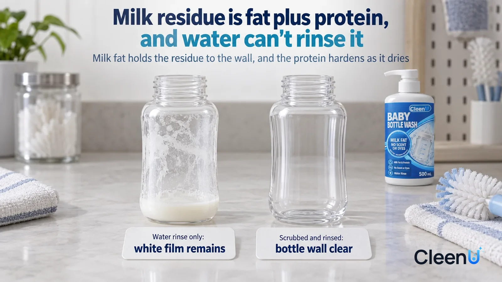 Illustration: CleenU Baby Bottle Wash — A landscape medium close-up of a small experiment in a cleaning lab: two identical clear baby bottles (no brand marks Headline: "Milk residue is fat plus protei