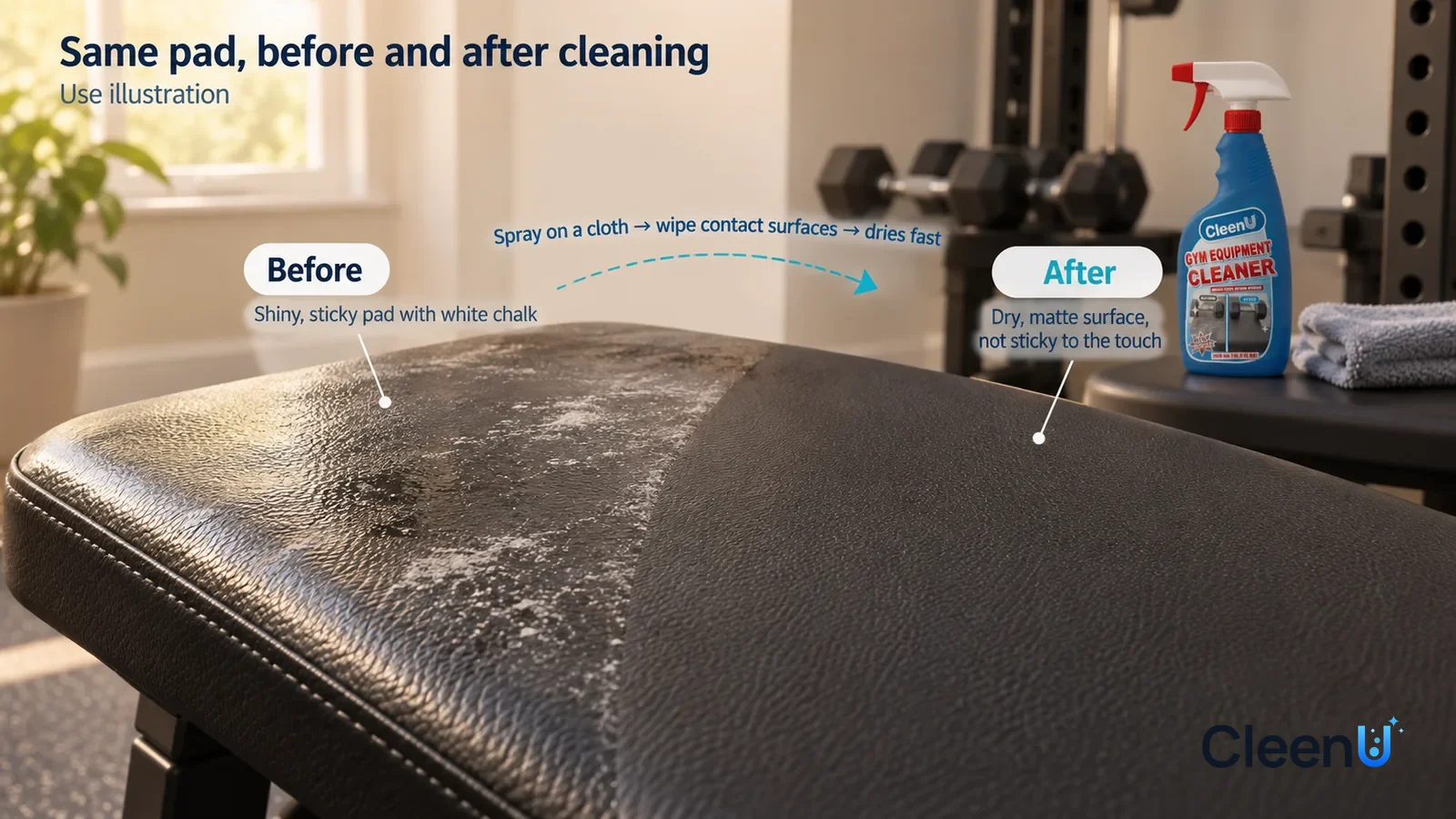 Illustration: CleenU Gym Equipment Cleaner — A full-screen low-angle close-up of a black faux-leather weight-bench pad in the same window light, no people