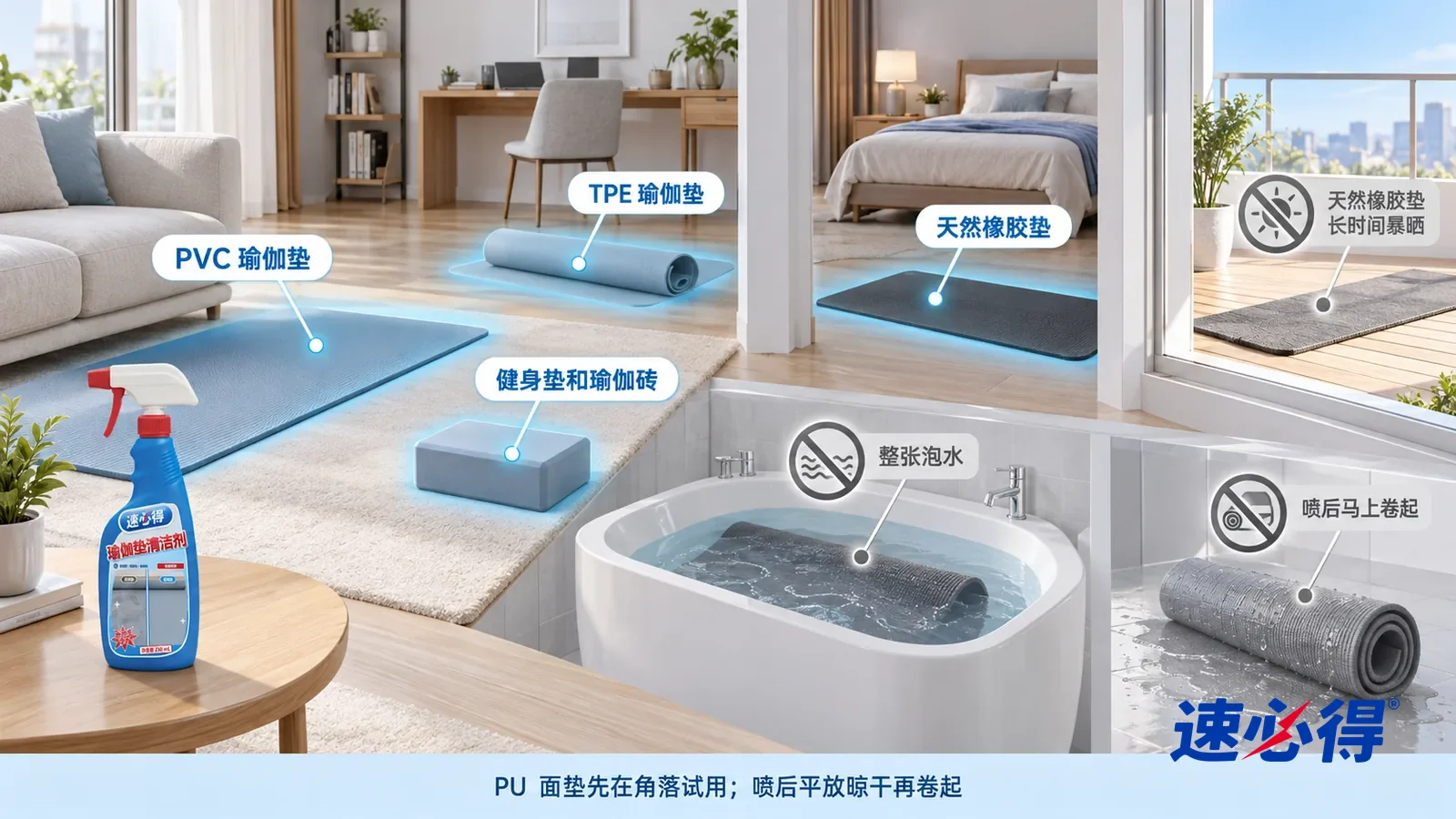 示意图：速必得瑜伽垫清洁剂——一张写实 3D 剖面实景图，一套明亮的家的客厅、书房、卧室和阳台，连续空间、一个视角，不出现瓶子：PVC 瑜伽垫、TPE 瑜伽垫
