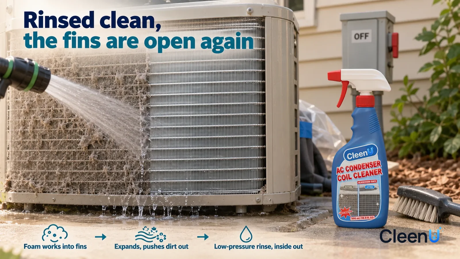 Illustration: CleenU AC Condenser Coil Cleaner — keep one outdoor condenser on a backyard concrete pad, fan stationary and reachable from ground level