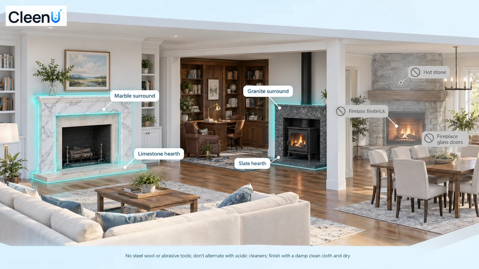 Illustration: Highlighted stone fireplace surrounds and hearths beside temperature and material precautions.