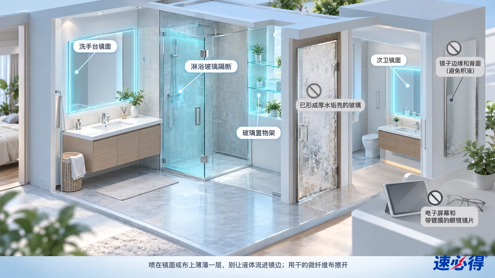 示意图：浴室镜面与玻璃区域被突出显示，旁边列有特殊表面及电子设备注意事项图标。