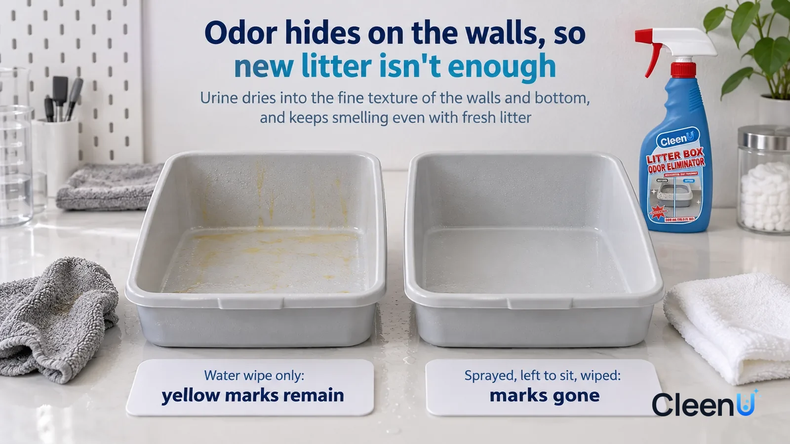 Illustration: CleenU Litter Box Odor Eliminator — A landscape medium close-up of a small experiment in a cleaning lab: two identical light grey plastic samples side by side on a white test b Headline: