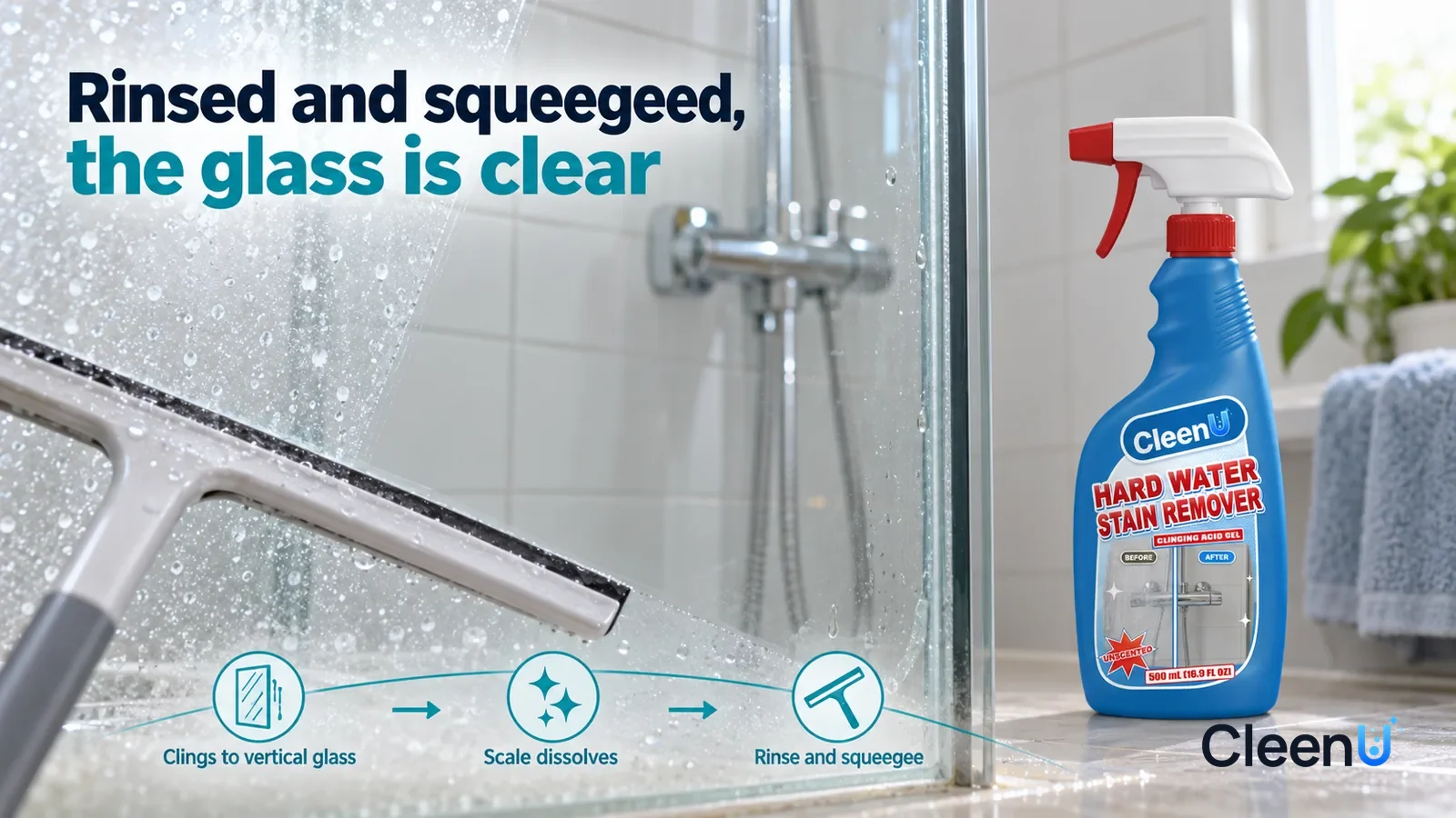 Illustration: CleenU Hard Water Stain Remover — a squeegee has just made one pass, the cleared strip smooth and clear with the tile grout behind it crisp