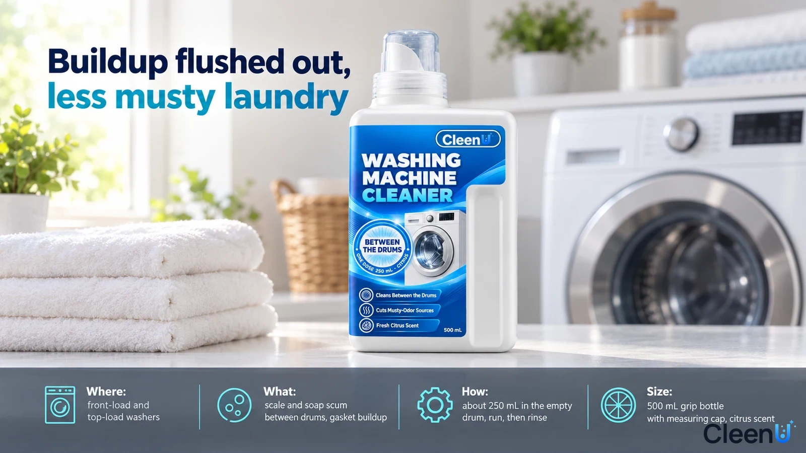 Illustration: A white cleaner bottle beside a washing machine, stacked towels and wicker basket.
