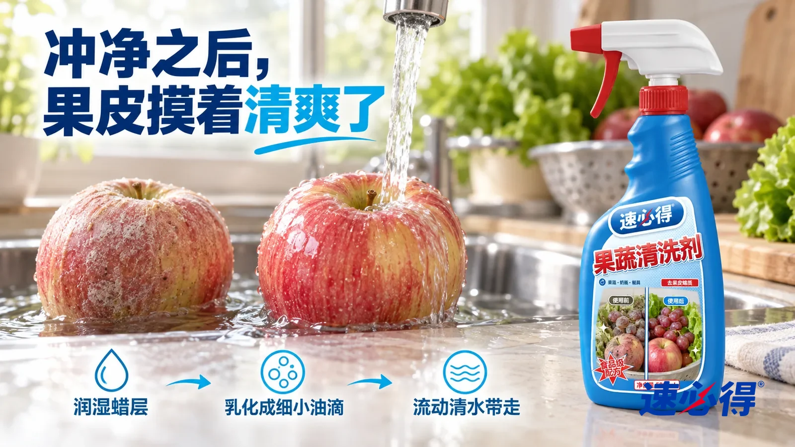 示意图：速必得果蔬清洗剂——一只苹果在流动清水下刚冲过，冲过的一面果皮颜色清亮、纹理清楚，旁边一只还没洗的苹果皮上带着一层发涩的蜡感