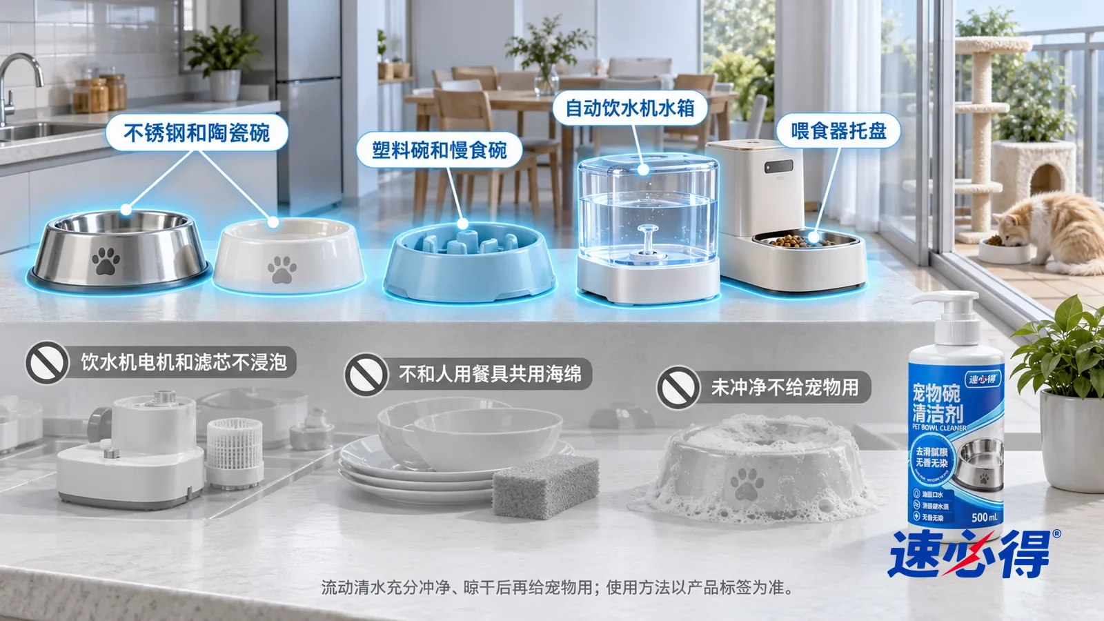 示意图:速必得宠物碗清洁剂——一张写实 3D 剖面实景图,一套明亮的家的厨房、餐厅和阳台,连续空间、一个视角,不锈钢水碗和陶瓷食碗、塑料慢食碗、饮水机透明水箱