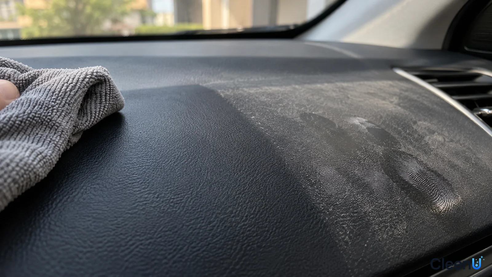 Illustration: Close-up of a gray cloth wiping a dusty textured black dashboard.