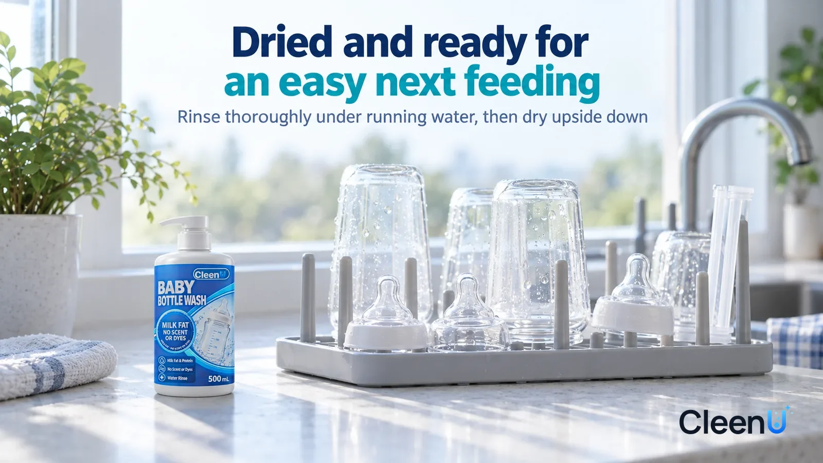 Illustration: CleenU Baby Bottle Wash — A bright early-morning kitchen by the window, a drying rack holding several clear, clean baby bottles, nipples, and straws upside down Headline: "Dried and read