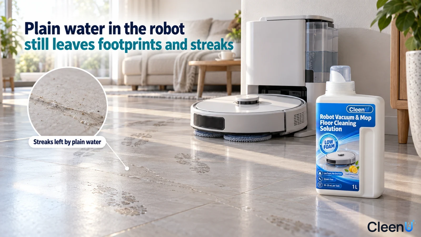 Illustration: Footprints and water marks on a stone floor beside a robot mop, docking station and white cleaning-solution bottle.
