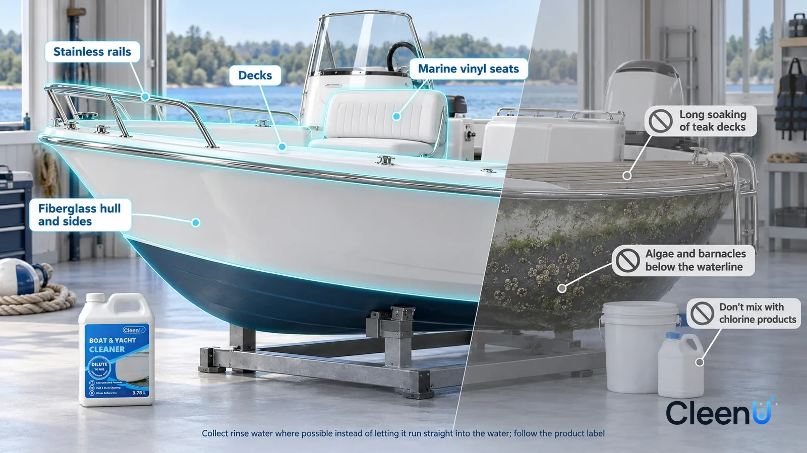 Illustration: CleenU Boat & Marine Cleaner — A realistic 3D cutaway of a bright seaside boathouse with a small white boat cut away on one side sitting on a stand (no name, hull number