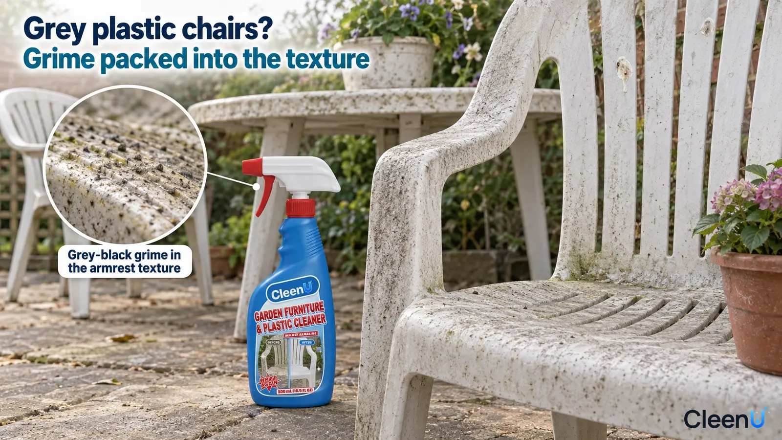 Illustration: A grimy white plastic garden chair beside a blue cleaner bottle.