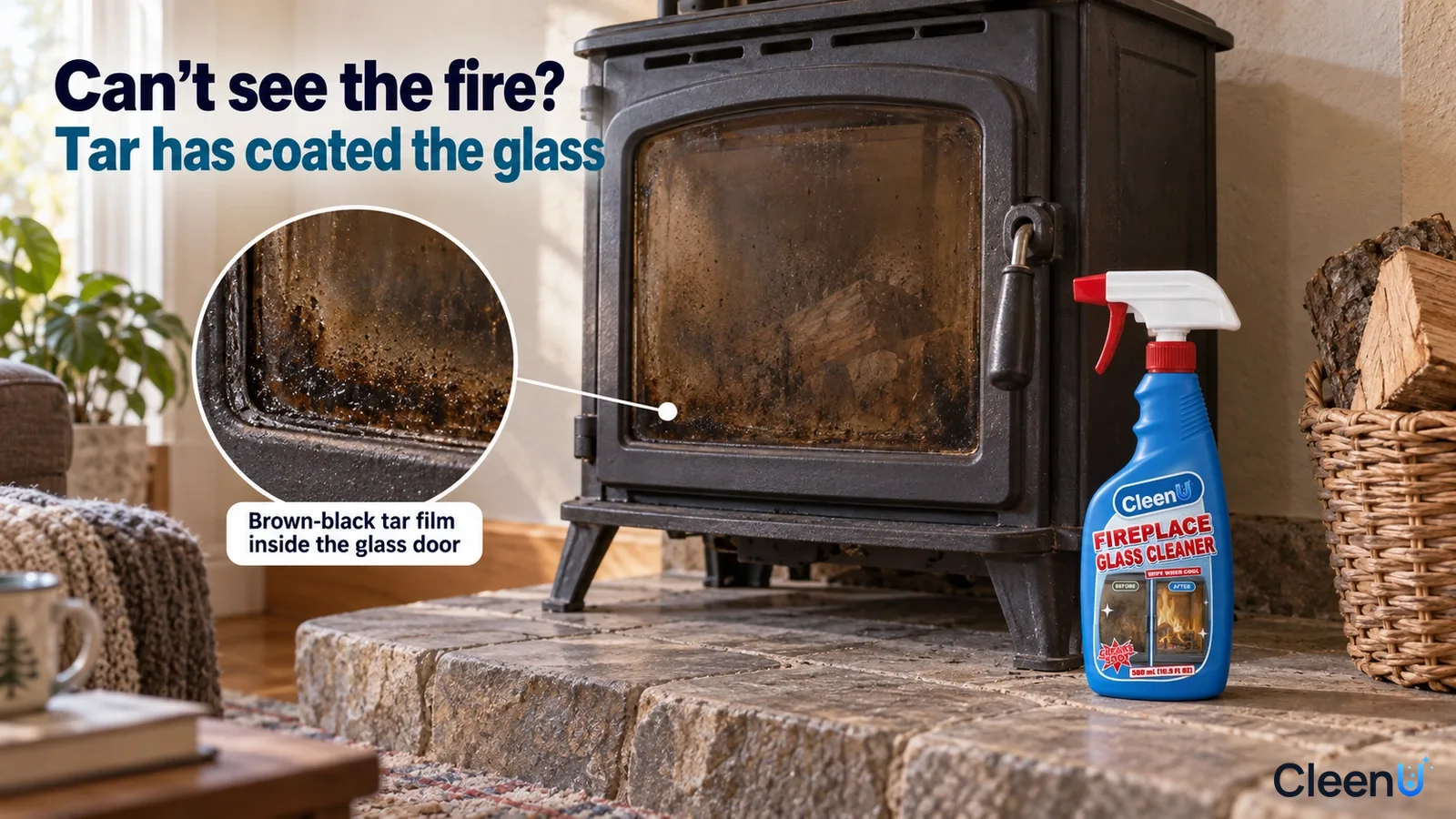 Illustration: Brown-black tar and soot on a stove glass door beside a blue cleaner bottle.