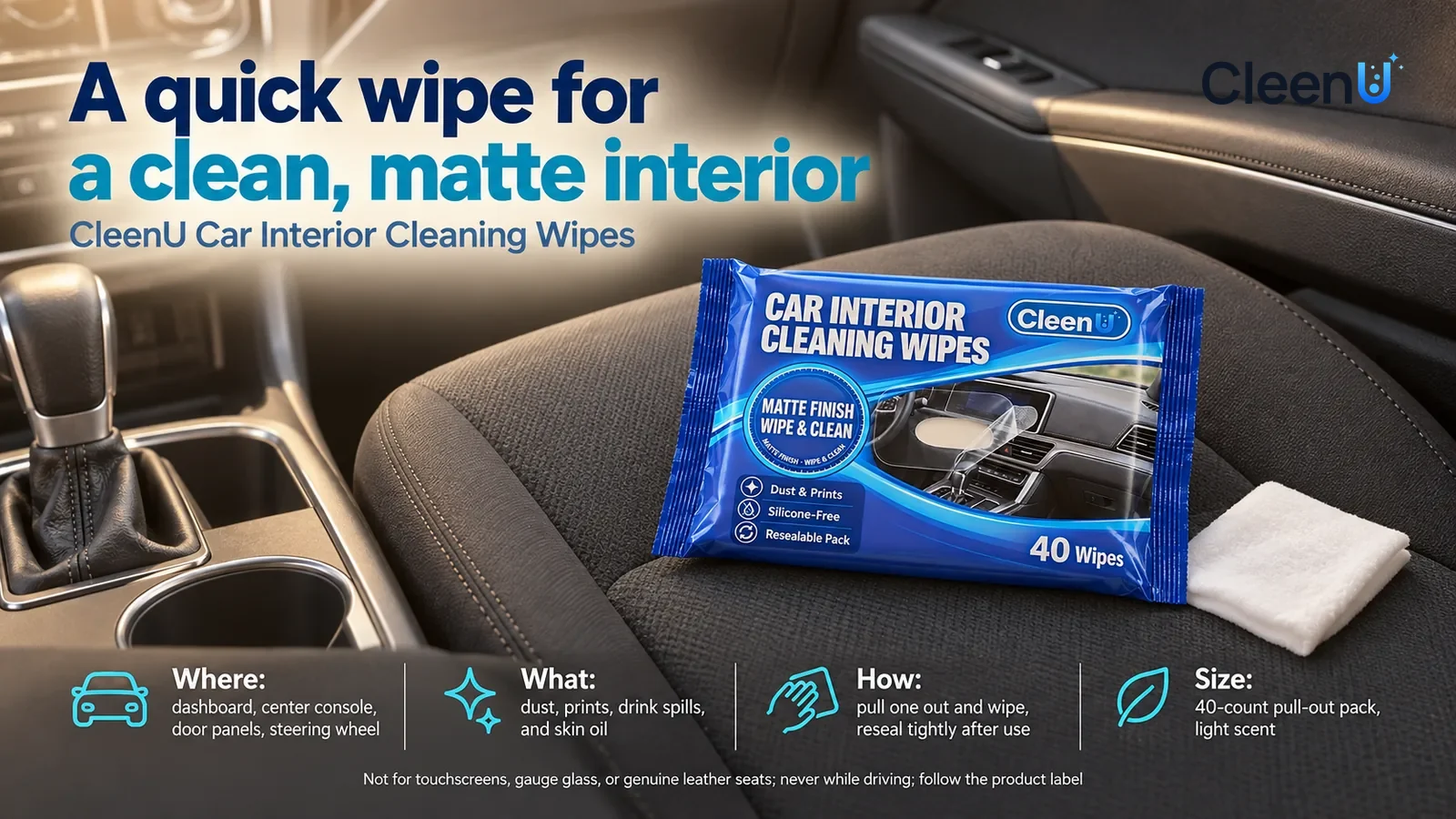 Illustration: CleenU Car Interior Cleaning Wipes lies flat on the passenger seat cushion, a white wipe folded into a square beside it, a clean Headline: "A quick wipe for a clean, matte interior"