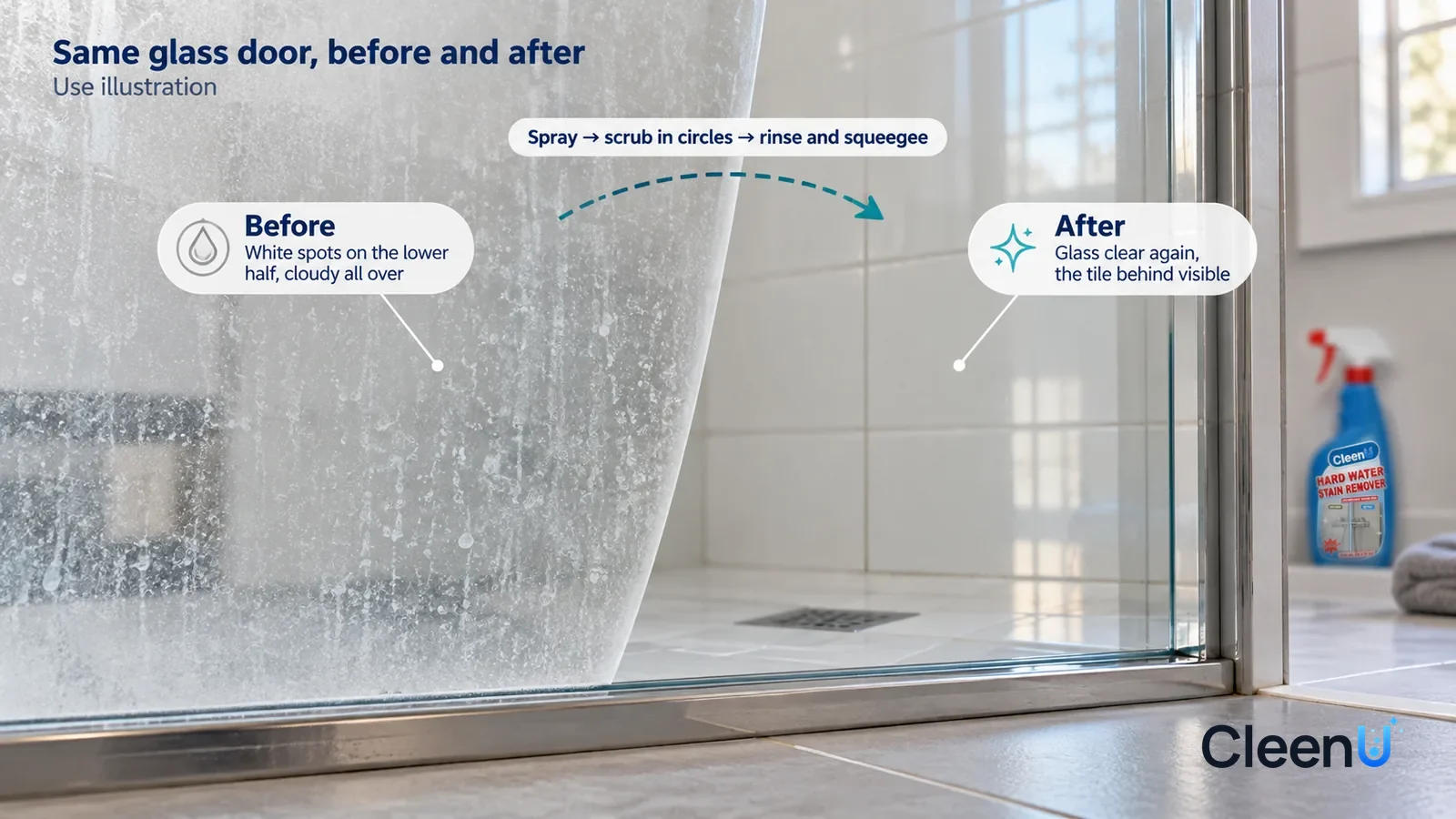 Illustration: CleenU Hard Water Stain Remover — A full-screen low-angle close-up of the lower half of a glass shower door in the same side light