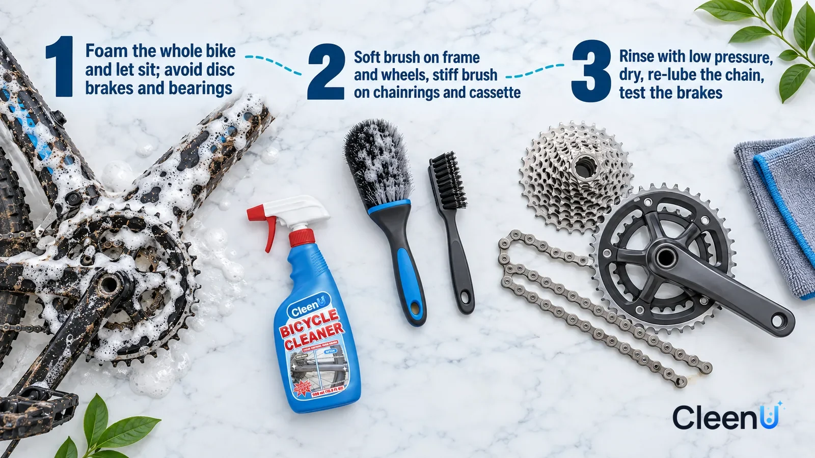 Illustration: CleenU Bicycle Cleaner — an overhead shot straight down onto a light marble tabletop, no hands: (1) a mud-splattered section of bike down tube and chainring covered