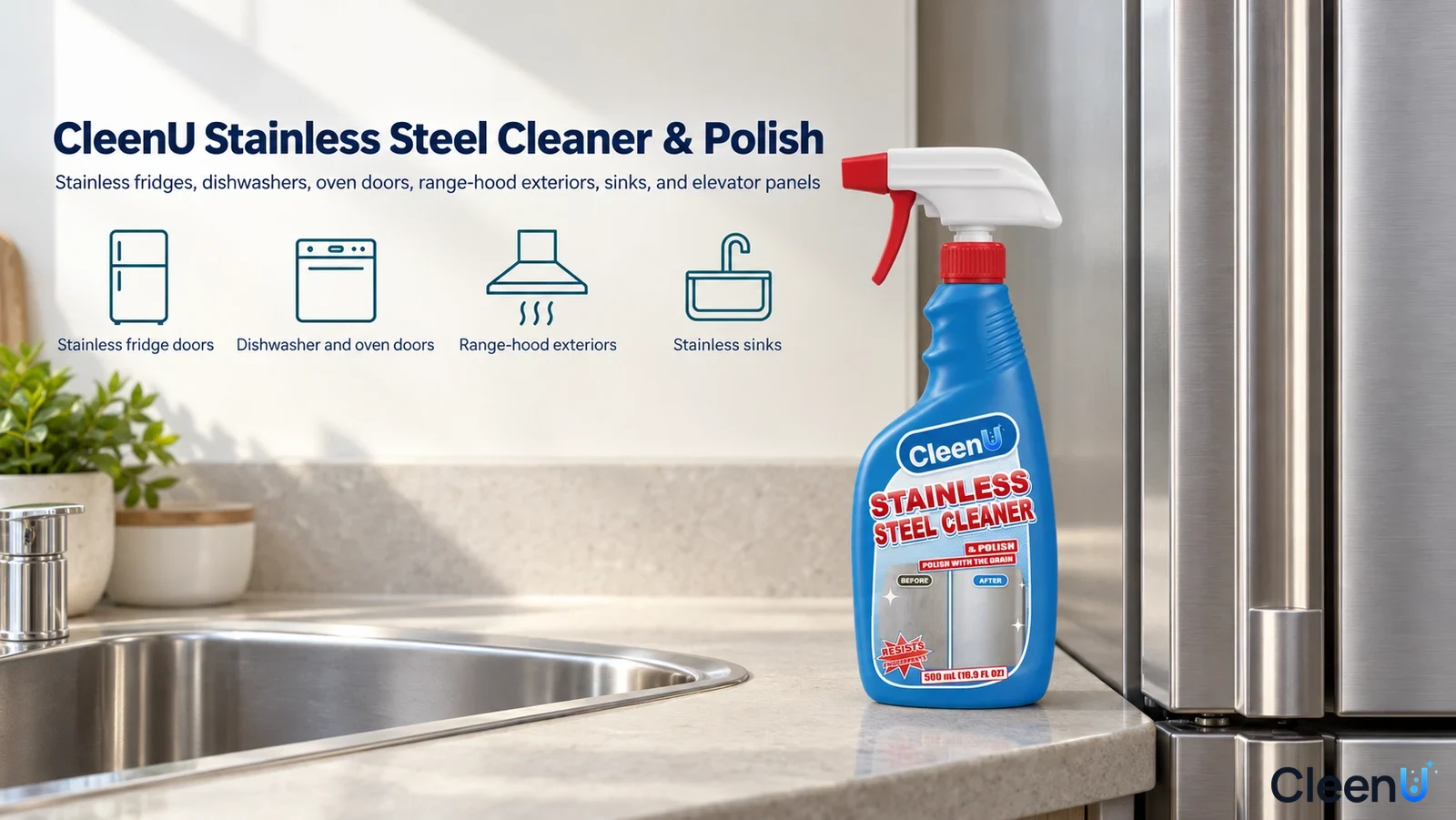 Illustration: A blue bottle beside a stainless steel sink and refrigerator with use icons.
