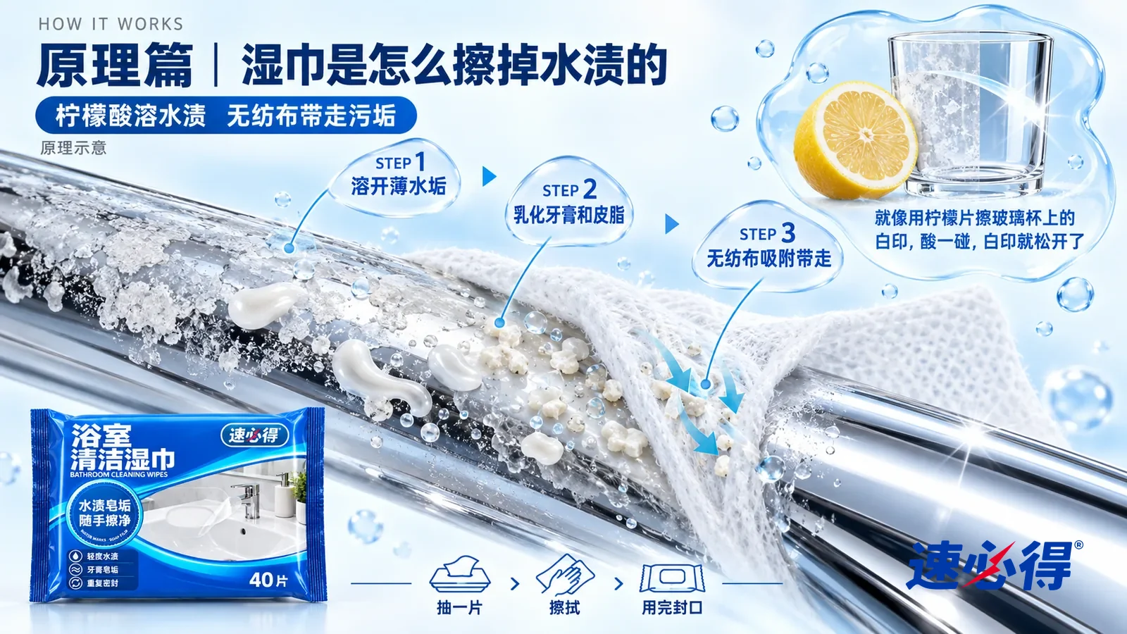 示意图：速必得浴室清洁湿巾——一块极度放大的镀铬龙头表面截面从左上向右下斜贯画面；左段表面趴着一层薄薄的白色水垢膜和几团乳白色牙膏残渍；中段一层浸润着透明液体的白色无纺布