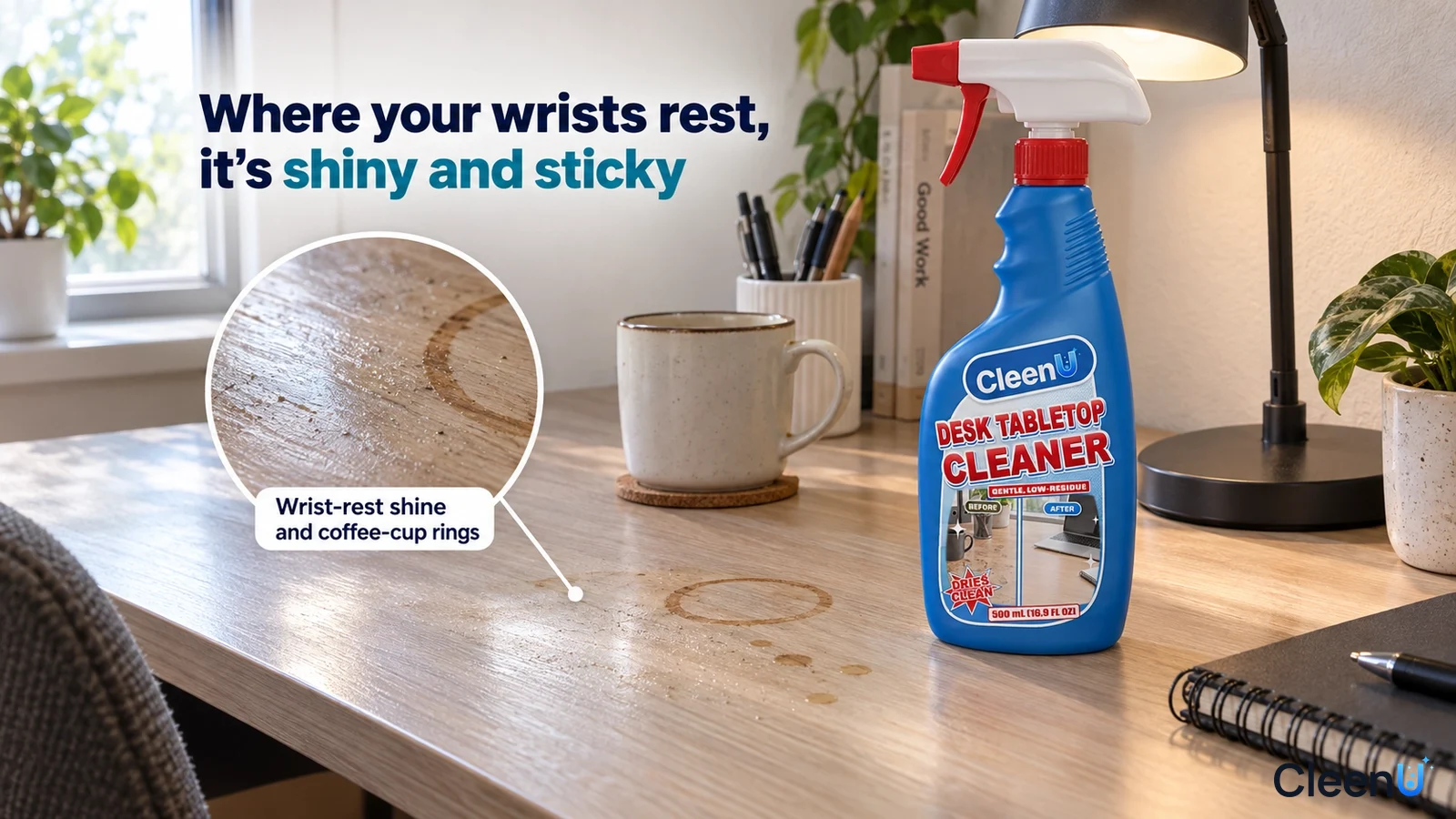 Illustration: Cup rings and wrist contact marks on a wooden desk beside a blue cleaner bottle, mug and lamp.