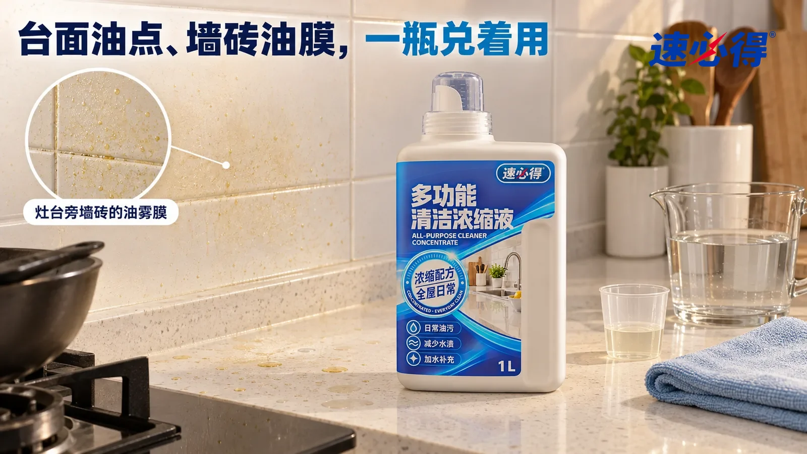 示意图：速必得多功能清洁浓缩液——保持同一厨房的白色石英石台面、白色釉面墙砖、浅蓝超细纤维布；只表现日常薄油膜，不变成重油垢