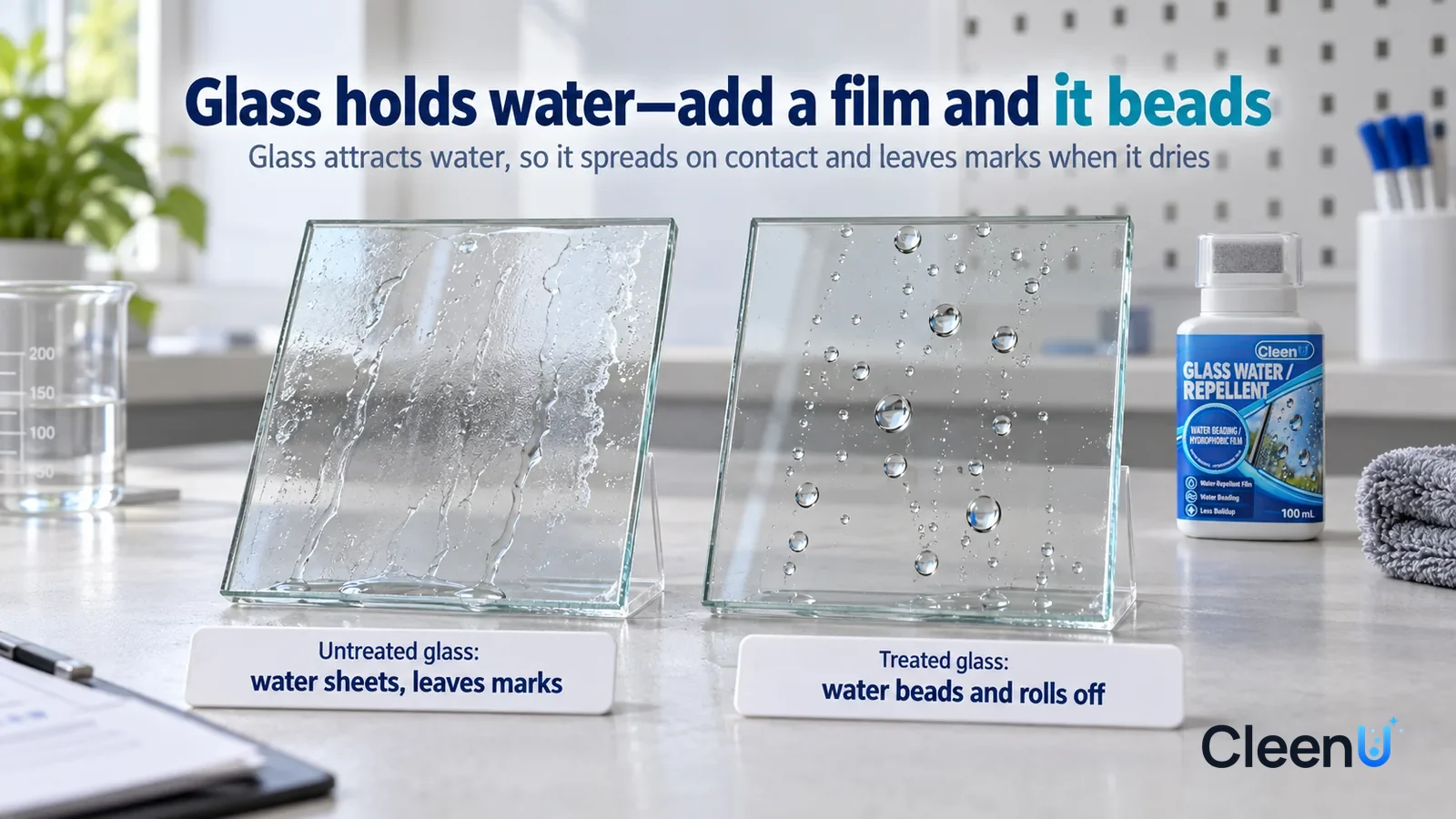 Illustration: CleenU Glass Water Repellent — A landscape medium close-up of a small experiment in a cleaning lab: two identical clear glass samples lean side by side on a white test ben Headline: "Gla