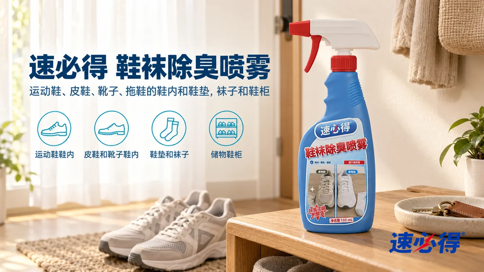 示意图:速必得鞋袜除臭喷雾——一个明亮清爽的玄关,窗边薄纱帘透着晨光,木地板上一双干净的浅灰色运动鞋(无品牌标志)鞋口敞开通风,产品站在右侧木质鞋凳上,标签正对镜头
