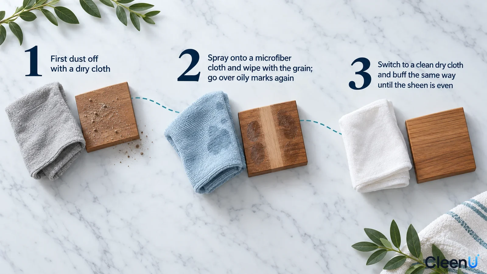 Illustration: Wood samples with dark marks beside gray, blue and white cloths with numbered steps.