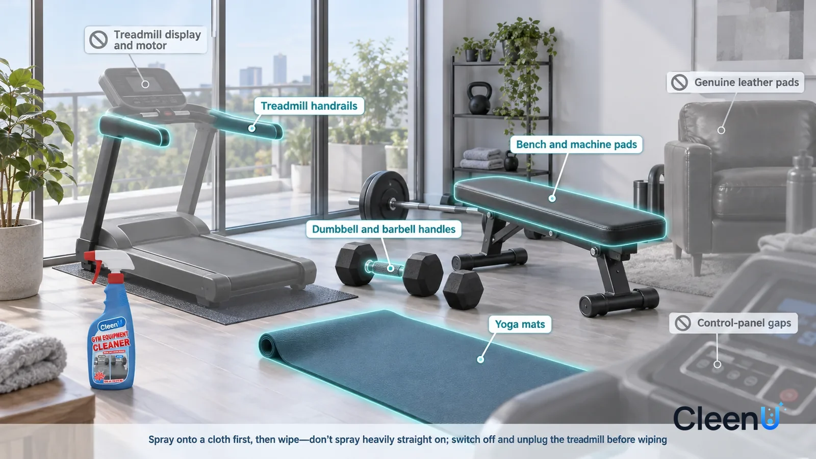 Illustration: CleenU Gym Equipment Cleaner — A realistic 3D cutaway of a bright home's workout room and balcony, one continuous space from one viewpoint, no people: treadmill handrails