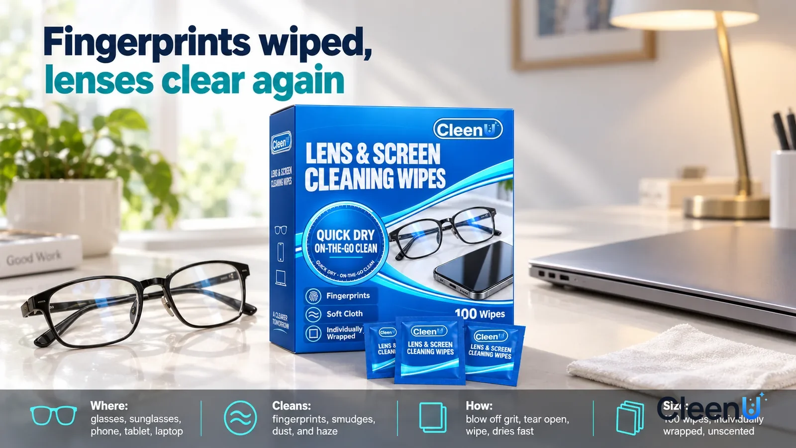 Illustration: CleenU Lens & Screen Cleaning Wipes carton, closed, stands centered on the desk, three packets leaning against its front, a pair of clean