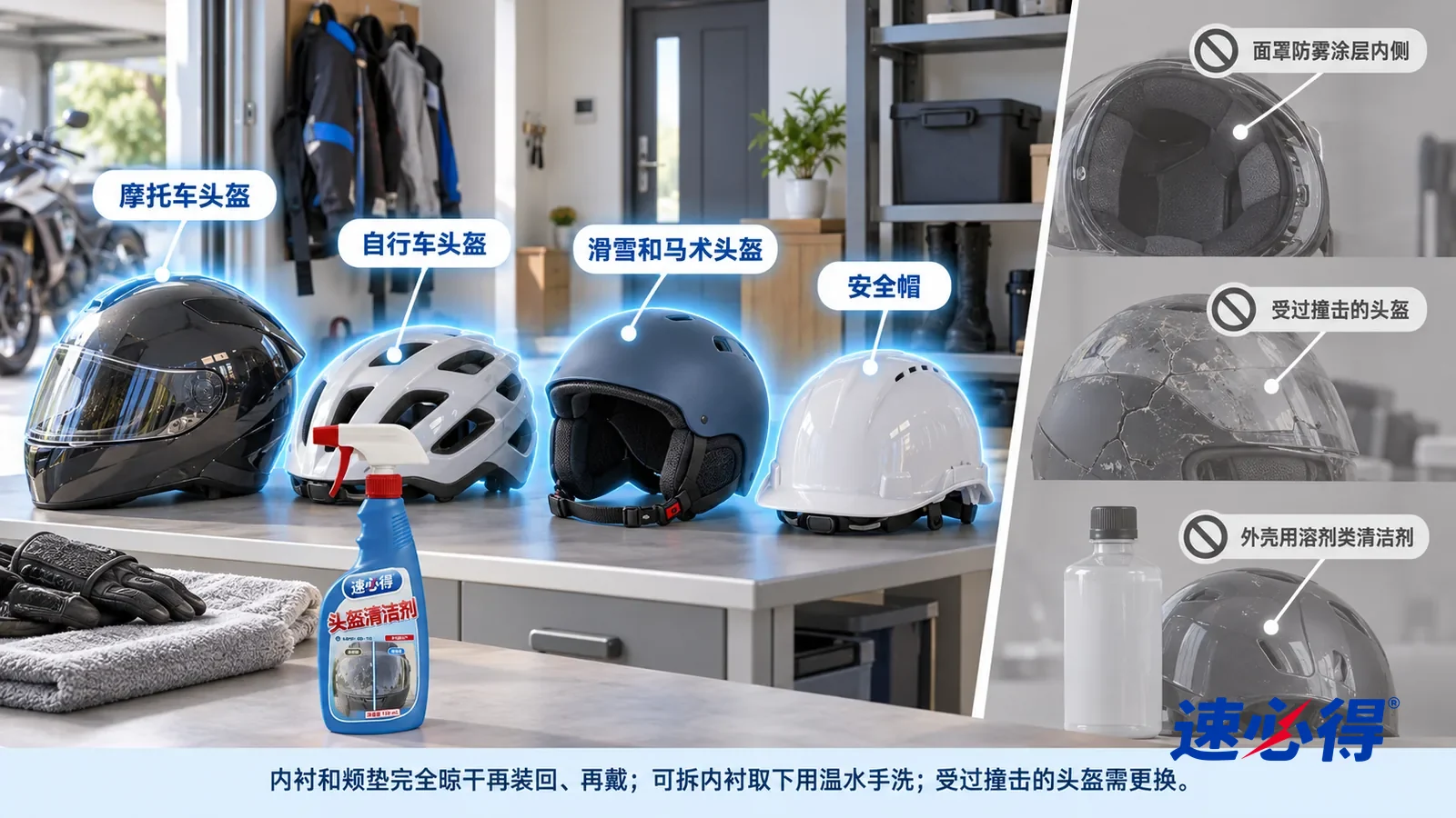 示意图:速必得头盔清洁剂——一张写实 3D 剖面实景图,一套明亮的家的玄关、车库和储物间,连续空间、一个视角,摩托车全盔、自行车头盔、滑雪头盔和马术头盔