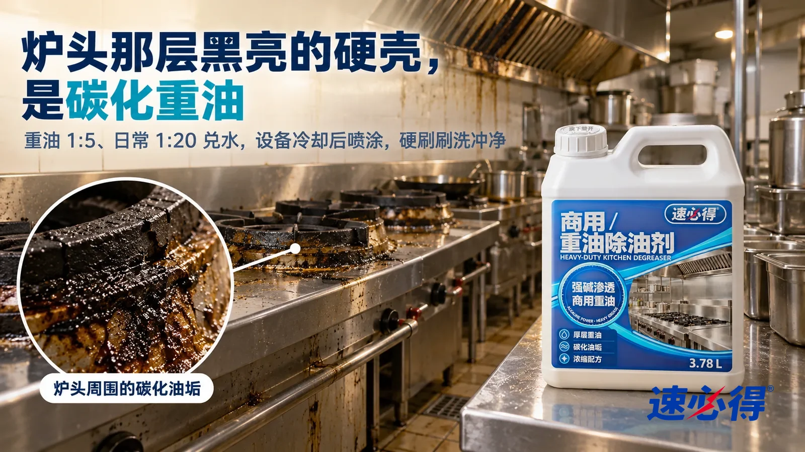 示意图:速必得商用重油除油剂——一家餐厅收市后的后厨,一排不锈钢商用炒灶已经熄火冷却,侧光斜照下炉头周围一层发黑发亮的碳化油垢、上方排烟罩内侧黄黑色油垢流痕清楚可见,标题“炉头那层黑亮的硬壳,是碳化重油”