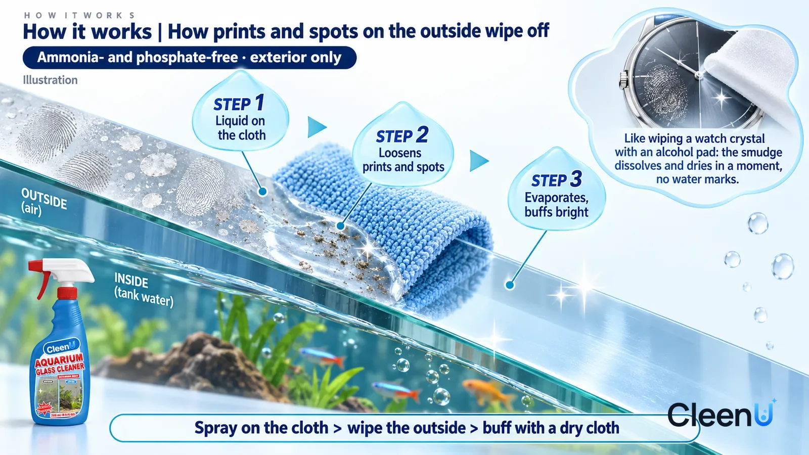 Illustration: CleenU Aquarium Glass Cleaner — an enormously magnified slice of aquarium glass runs diagonally from upper left to lower right, open air on one side of the glass