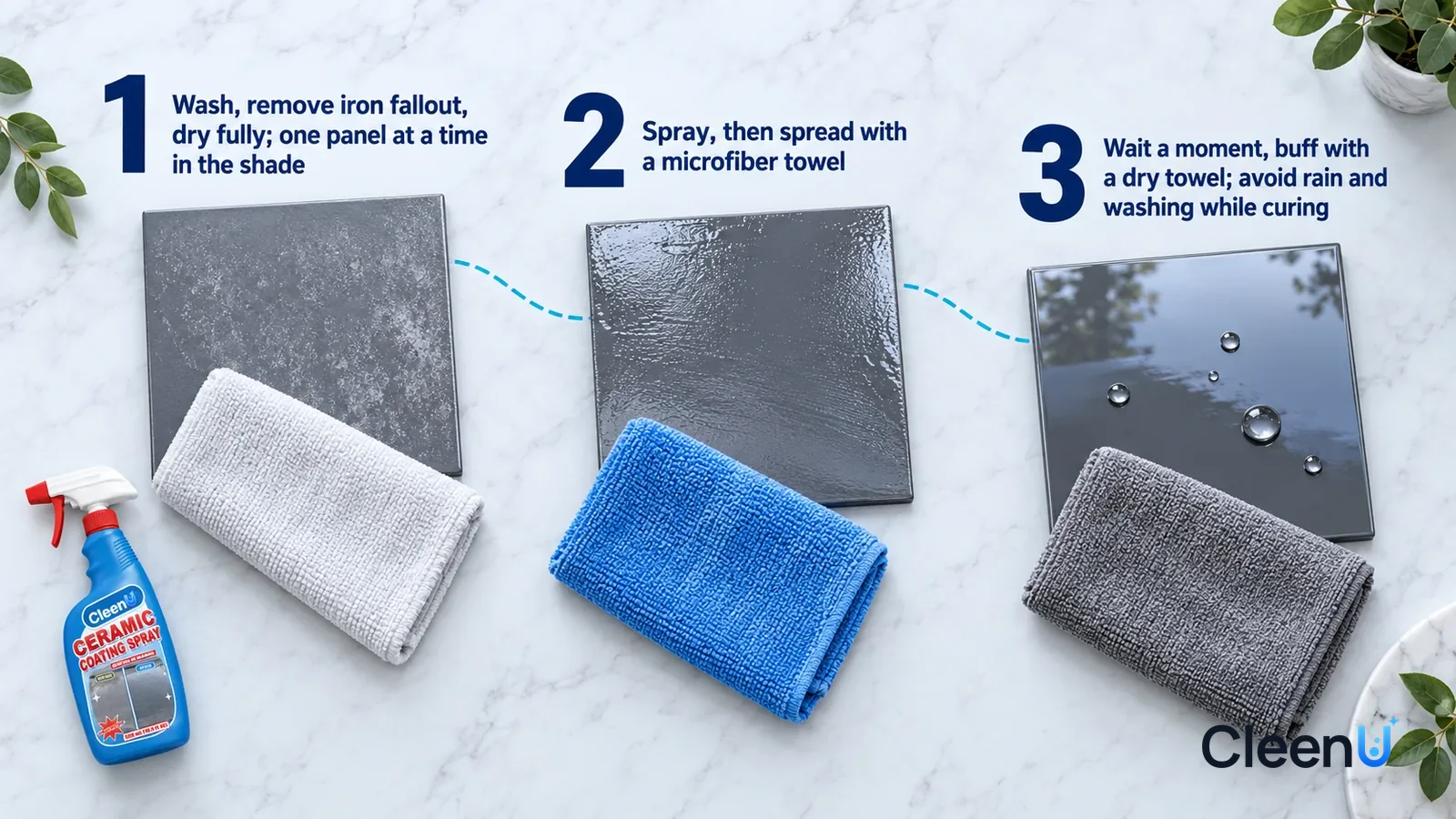 Illustration: CleenU Ceramic Coating Spray — an overhead shot straight down onto a light marble tabletop, no bottle and no hands: (1) a dried dark grey paint panel and a folded absorben