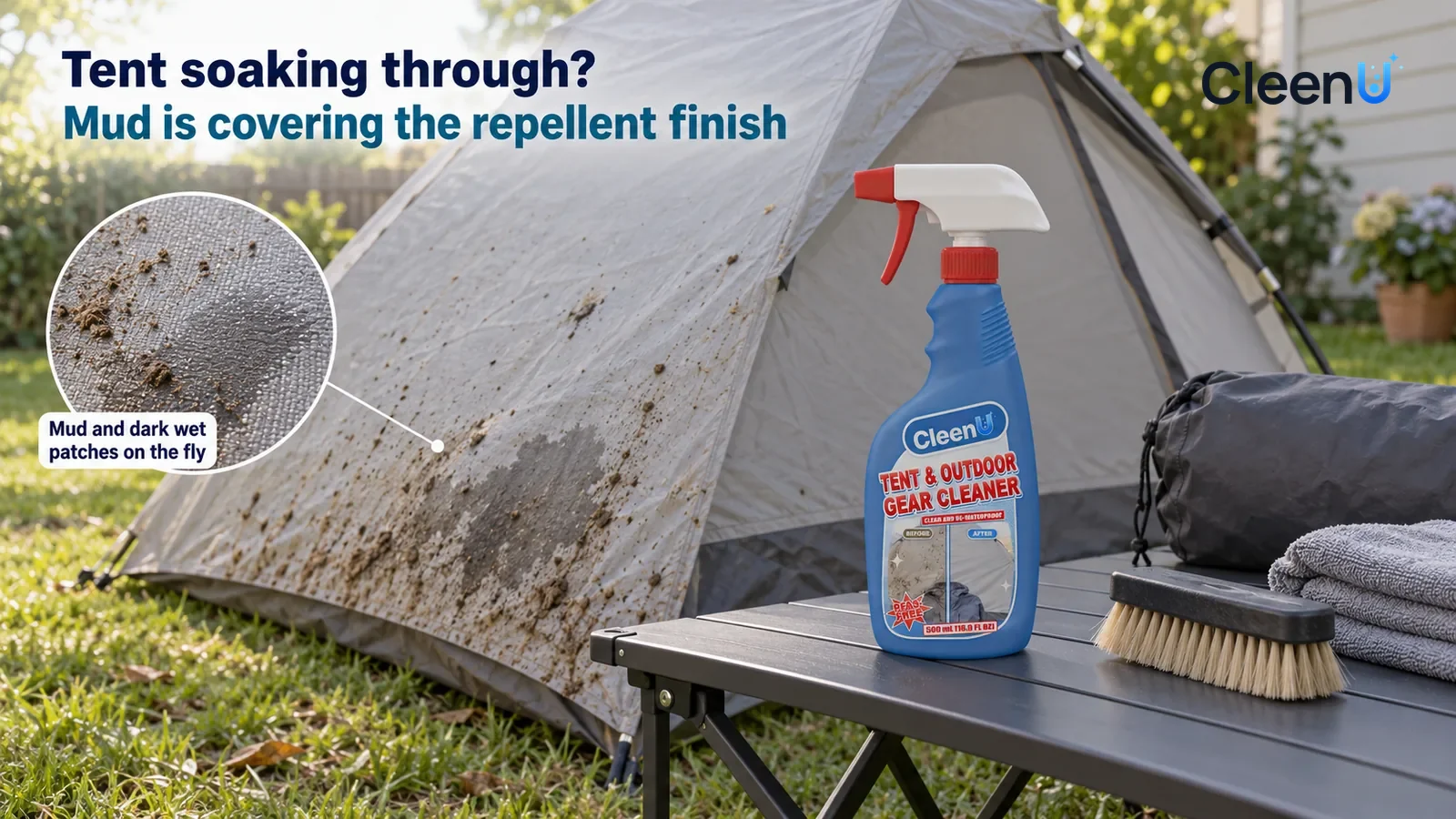 Illustration: CleenU Tent & Outdoor Gear Cleaner — keep one backyard care area, pale-grey two-person tent, folding camp table and soft brush, using the same fabric weave in all samples