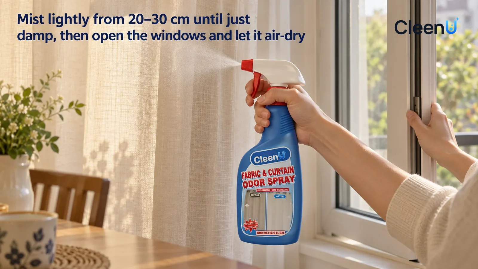 Illustration: CleenU Fabric & Curtain Odor Spray — one hand holds our bottle and, from about a forearm's length away, mists a light layer onto the hanging cream linen curtain