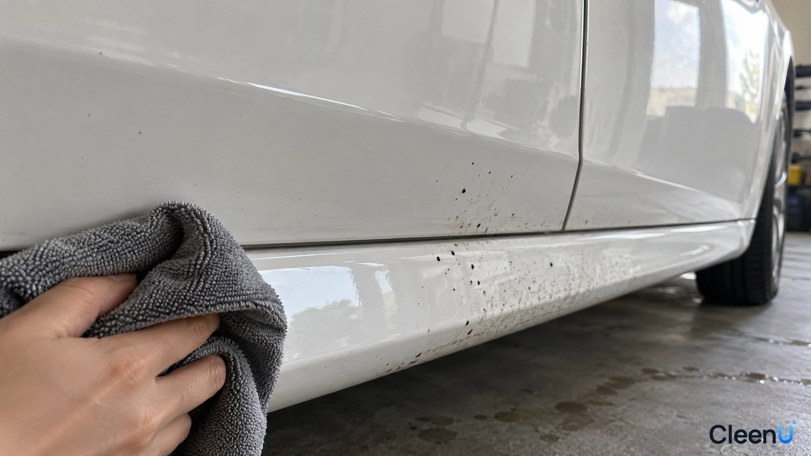 Illustration of a hand wiping a white car lower door with a gray cloth beside remaining black spots.