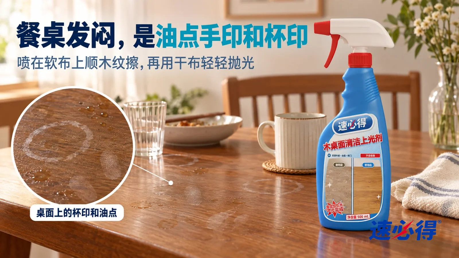 示意图:速必得木桌面清洁上光剂——一个家常餐厅,一张封漆实木餐桌,侧光斜照下桌面上几处小油点、几个手指印和两只杯子留下的浅白色水圈清楚可见,木纹发闷,标题“餐桌发闷,是油点手印和杯印”