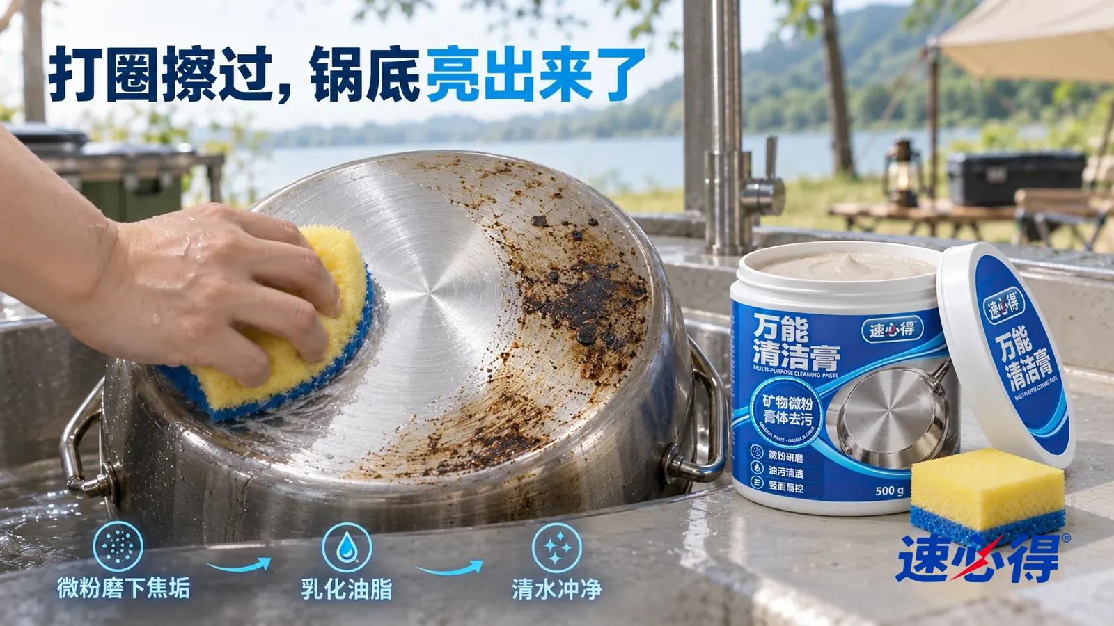 示意图：速必得多用途清洁膏——户外露营地的洗涤水池边，一口倒扣的不锈钢锅（无品牌标志）锅底的低角度近景：一只手正拿着一块湿润的黄蓝双层海绵打圈擦锅底