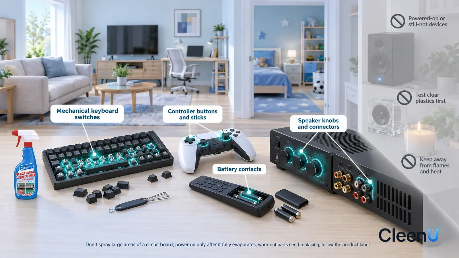 Illustration: CleenU Electrical Contact Cleaner — A realistic 3D cutaway of a bright home's office, living room, and kids' room, one continuous space from one viewpoint