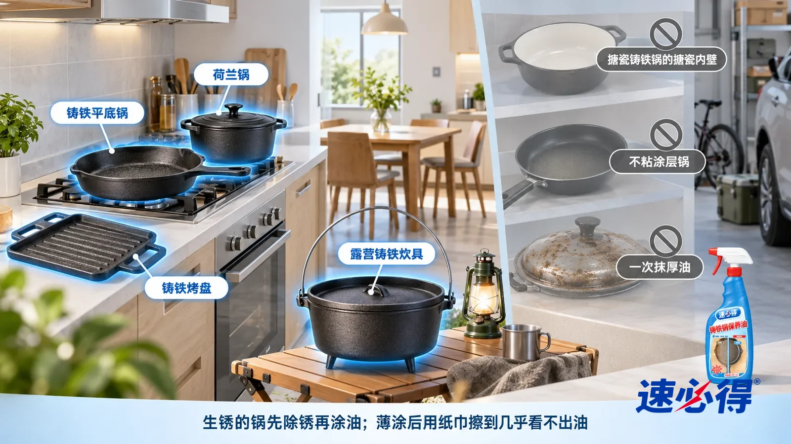 示意图：速必得铸铁锅保养油——一张写实 3D 剖面实景图，一套明亮的家的厨房、餐厅和车库区域，连续空间、一个视角，不出现瓶子：铸铁平底锅、黑色铸铁荷兰锅、铸铁烤盘
