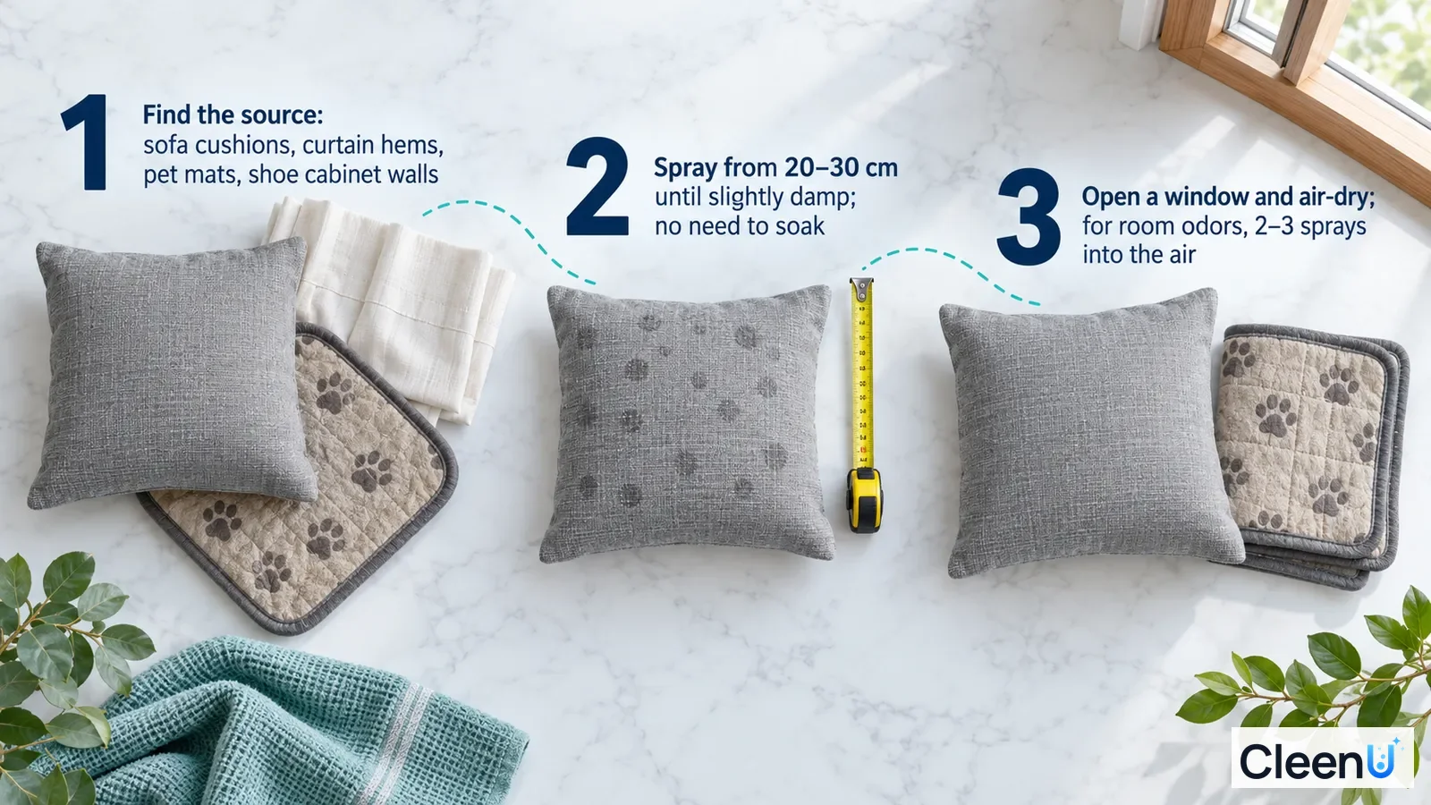 Illustration: Cushions, fabric samples and a spray-distance ruler with numbered steps.
