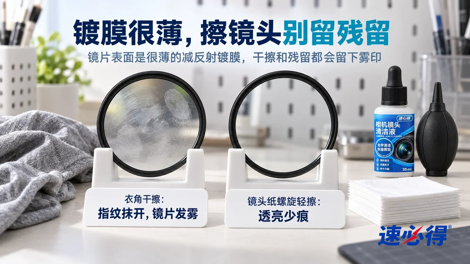 示意图：速必得相机镜头清洁液——清洁实验室里一个小实验的横向中近景，白色测试台上并排立着两只白色小支架，各夹着一片同样的圆形 UV 滤镜（无品牌、无文字），标题“镀膜很薄，擦镜头别留残留”