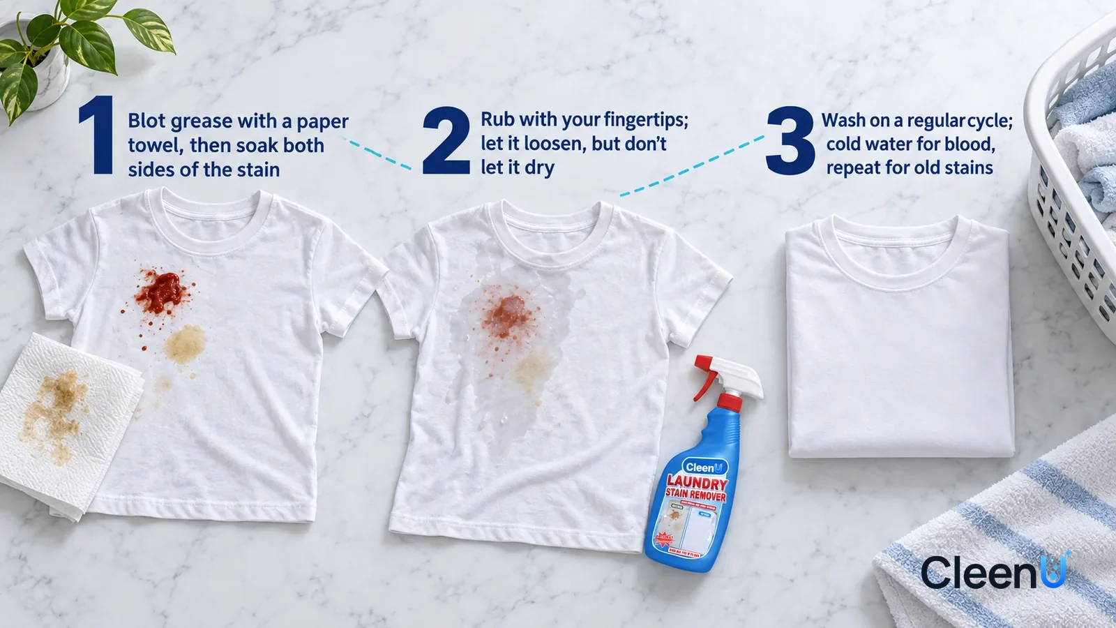 Illustration: CleenU Laundry Stain Remover — an overhead shot straight down onto a light marble tabletop, no bottle and no hands: (1) a white cotton T-shirt laid flat with a ketchup sta